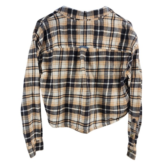 American Eagle Plaid Cropped Flannel Shirt Long Sleeve Button Up Womens Medium - Picture 2 of 6